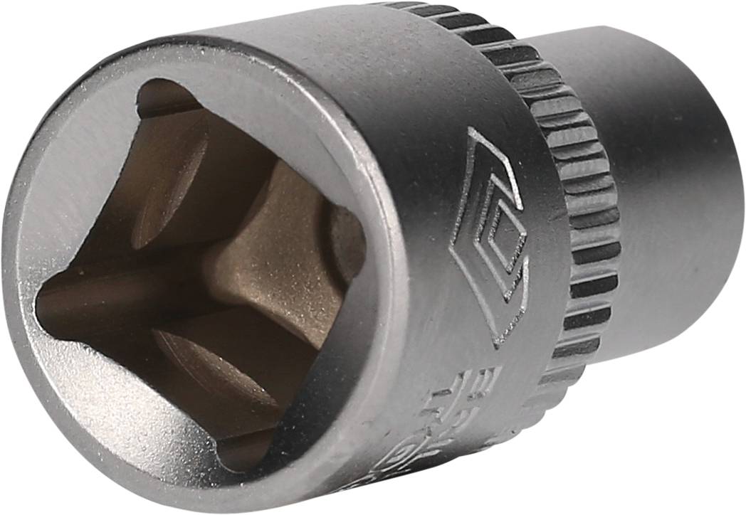 Eine sechskantige Steckschlüssel-Aufnahme, silbern, mit Rändelung am Rand.