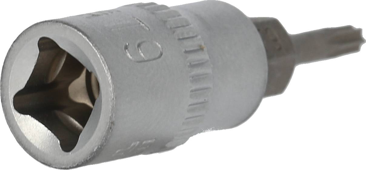 Silberner Schraubendreheraufsatz mit sechseckiger Öffnung und geriffeltem Griff.