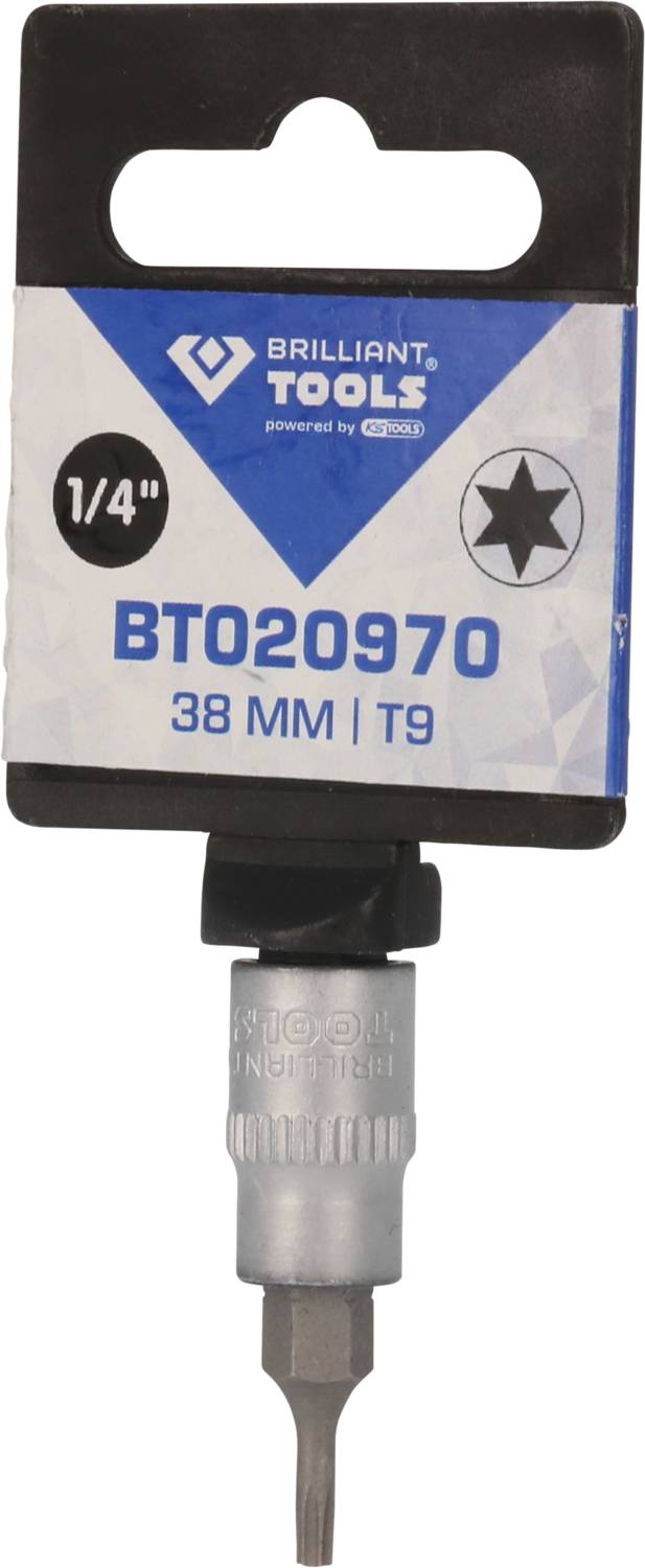 Stern-Bit T9 von Brilliant Tools; Größe: 1/4 Zoll, Länge: 38 mm. In silbernem Halter verpackt.