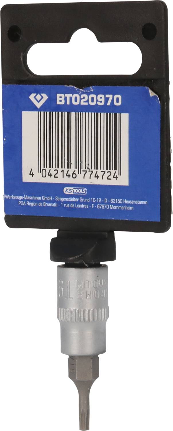 Bithalter mit blauer Verpackung und Barcode. Produktnummer 'BT020970'.