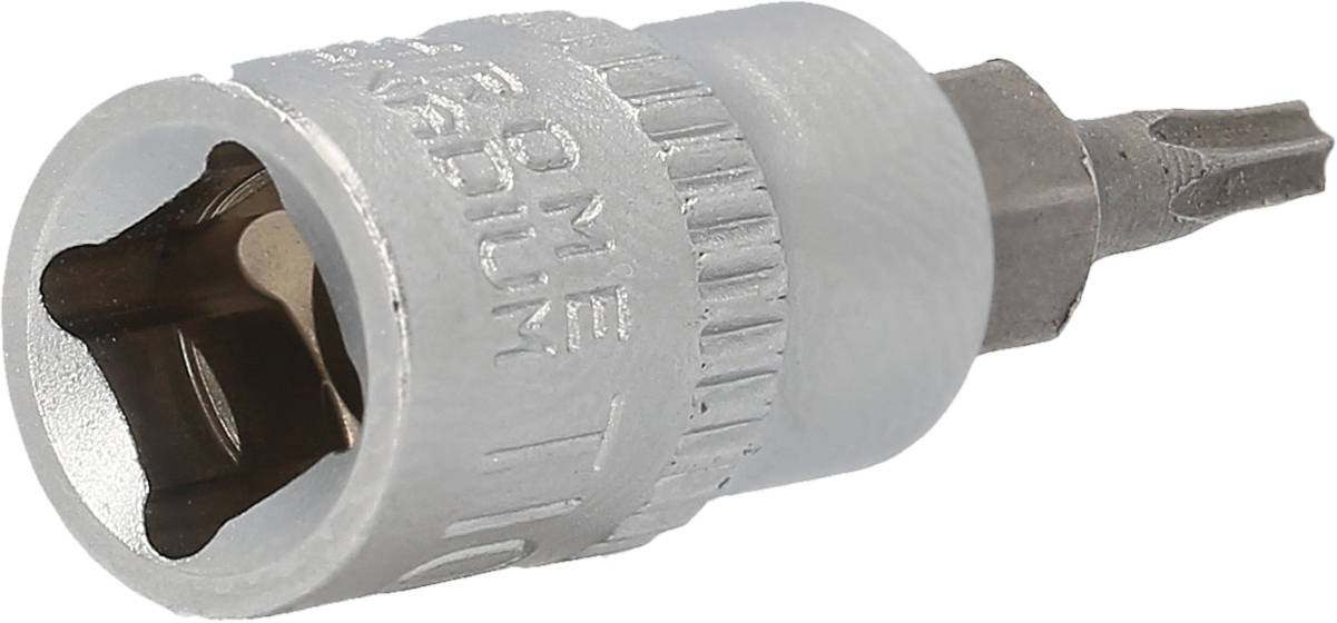 Kleiner grauer Schraubendreheraufsatz aus Metall mit Torx-Spitze, geeignet für präzises Arbeiten oder den Einsatz bei Handwerksarbeiten.