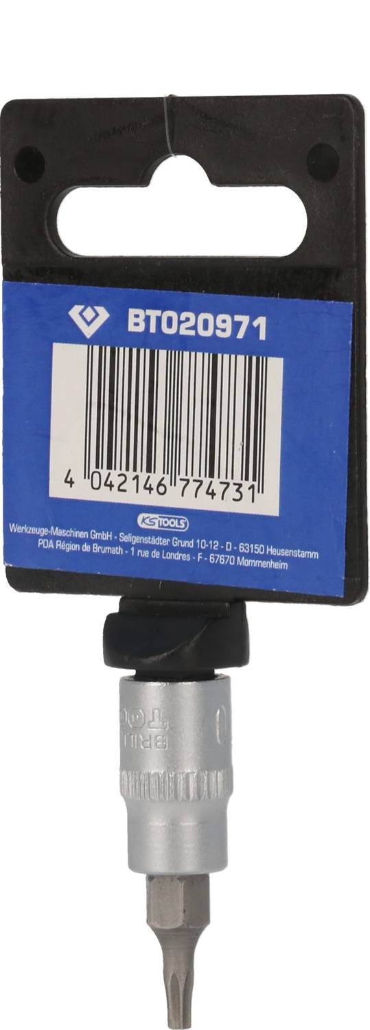 Ein Schraubendreheraufsatz mit Barcode und der Nummer 'BT020971' auf einer blauen Verpackung. Oben ein schwarzer Aufhänger.