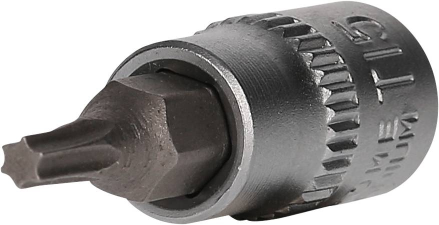 Ein Torx-Bit-Aufsatz in Nahaufnahme. Der Adapter ist aus Metall und hat einen sechszackigen Kopf für Schrauben mit Torx-Profil.