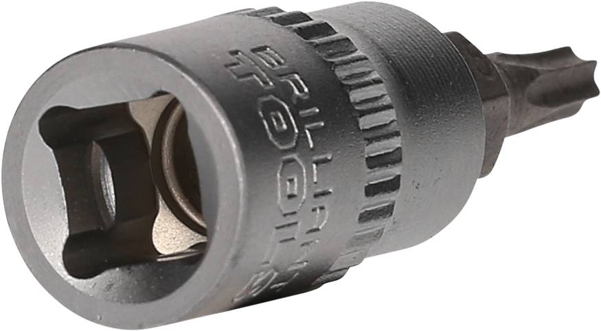 Ein Schraubenziehereinsatz mit Bithalter, geeignet für präzises Arbeiten. Metallisch, robuste Bauweise, mit gerändeltem Griff.