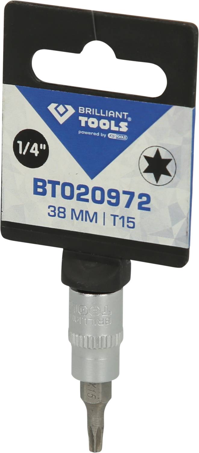 Schraubendreher-Bit von Brilliant Tools, BT020972, 38 mm, T15, 1/4 Zoll. Verpackungsetikett zeigt technische Details.