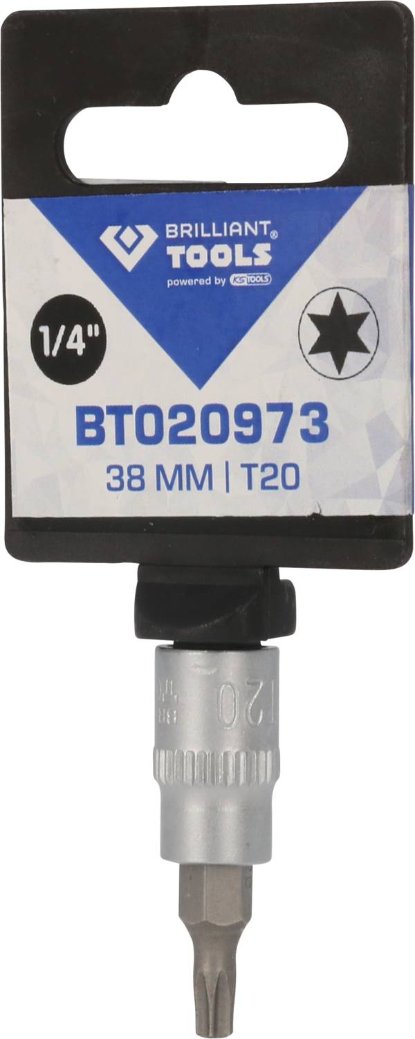 Bitsatz 1/4'', TX-Profil, T20, Länge 38 mm, Marke Brilliant Tools. Verpackung zeigt Sternsymbol.