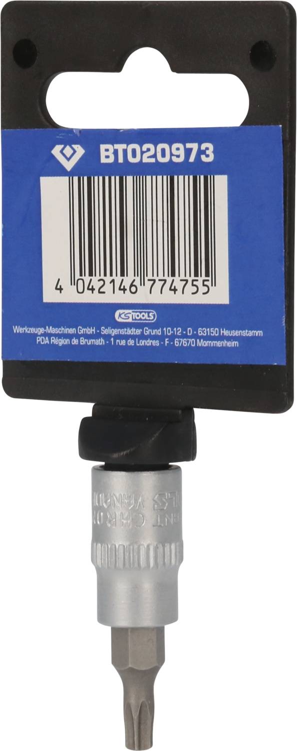 Ein Schraubendreheraufsatz (Torx) in einer Verpackung mit der Aufschrift 'BT020973', Barcode sichtbar.