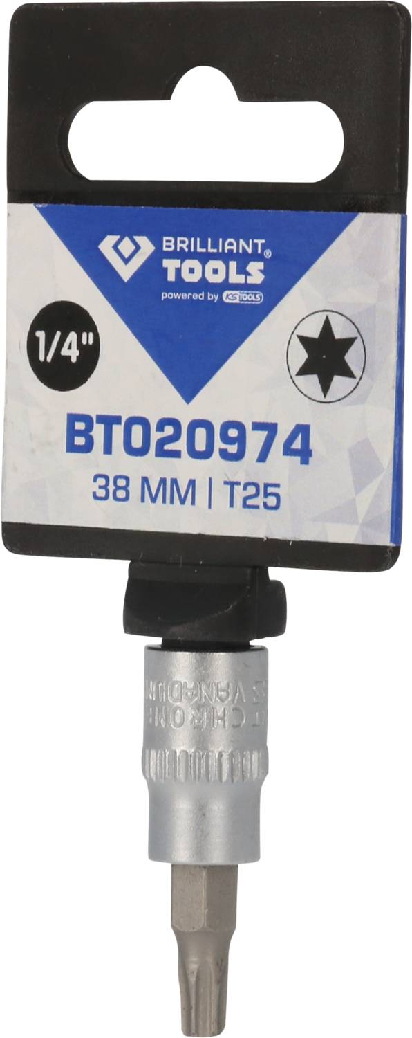 'Brilliant Tools BT020974', T25 Schraubendreher-Bit 38 mm. Verpackung in Blau und Weiß mit Firmenlogo und Produktinformationen.