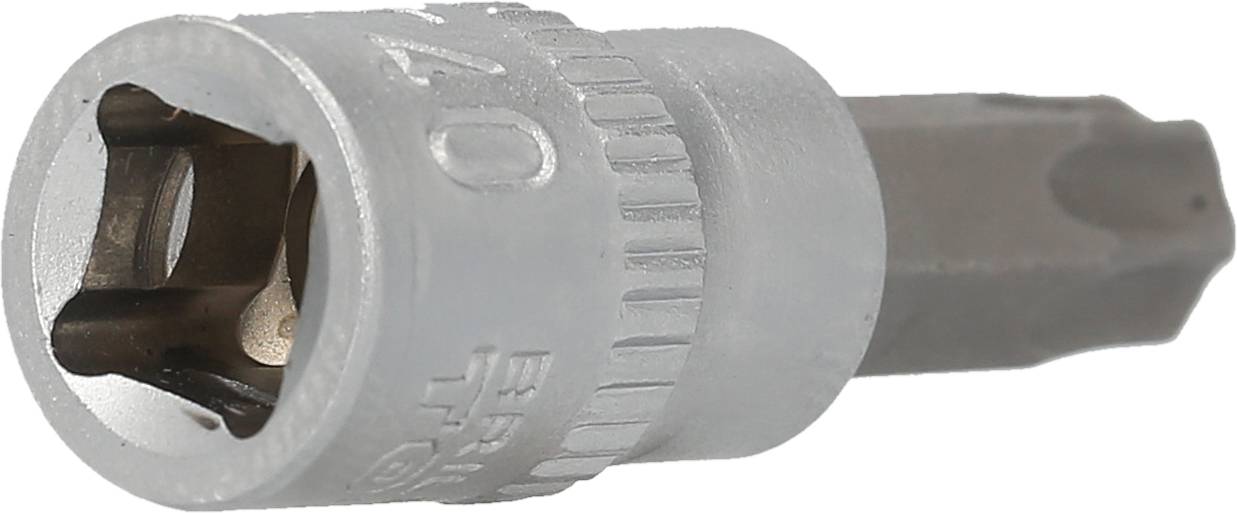 Ein silberner Torx-Bit, Größe T40, geeignet für Schraubarbeiten, auf weißem Hintergrund.