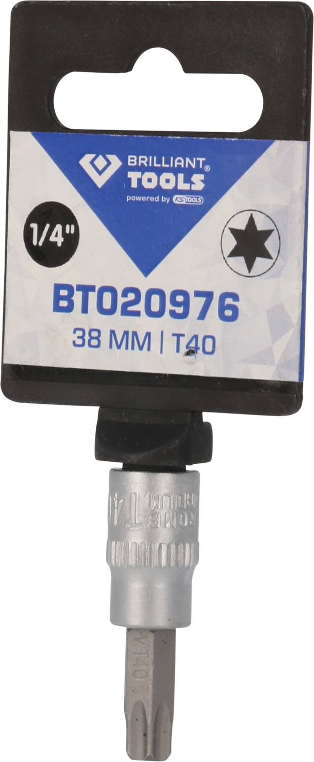BRILLIANT TOOLS 38 mm T40 Torx-Bit, 1/4 Zoll. Produktetikett zeigt Marke und Größe des Bits.