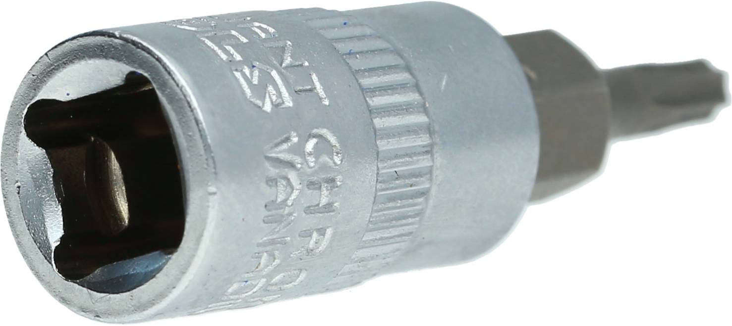 Ein Schraubendreherbit mit sechskantiger Steckaufnahme aus Metall, geeignet für den Einsatz mit Ratschen oder Steckschlüsseln.