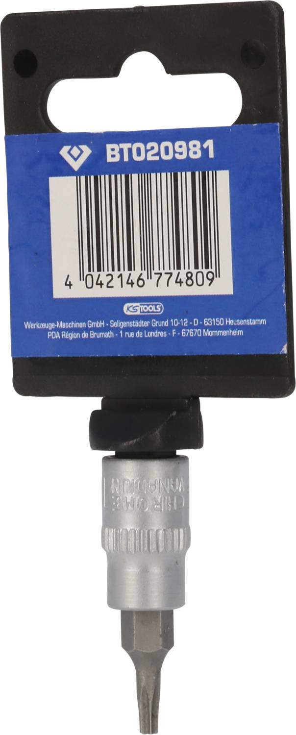 Bithalter mit blauem Kunststoffgriff und silbernem Metallteil, Barcode oben, Produktcode 'BT020981', Herstellerdetails unten.