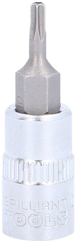 Ein silberner Schraubendreheraufsatz mit sechseckiger Basis und geriffeltem Griff. Graviert 'Brilliant Tools'. Geeignet für Torx-Schrauben.