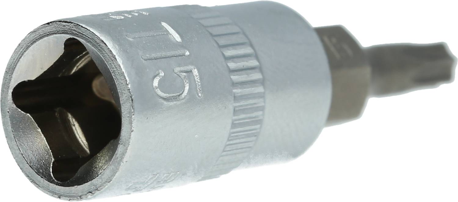 Metallischer Bitaufsatz mit sechseckigem Schraubkopf, T15, für den Einsatz in Schraubendrehern oder Bohrmaschinen.