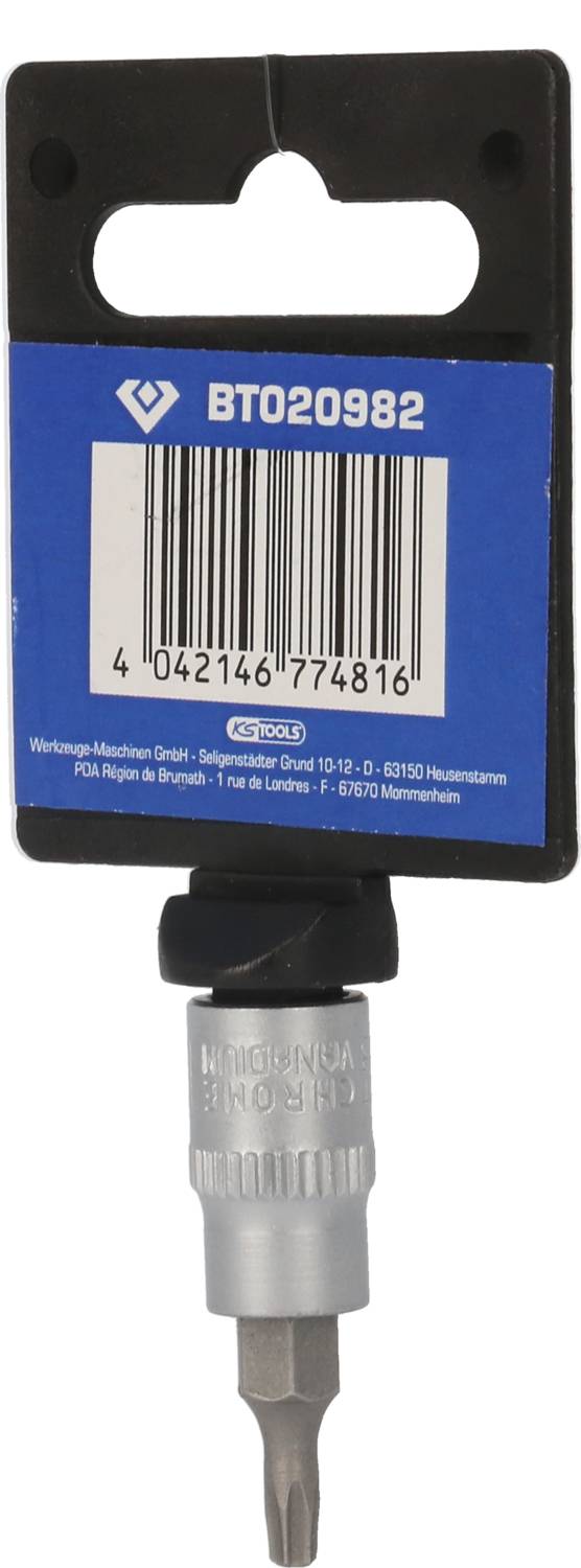 'BT020982' Metall-Bohrer-Aufsatz auf Papierrückteil. EAN-Barcode: 4042146774816.