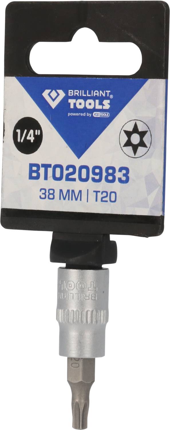 Stecknuss-Bitadapter mit Torx-Bit T20, 38 mm. Verpackung zeigt Marke 'Brilliant Tools' und Größe 1/4 Zoll.