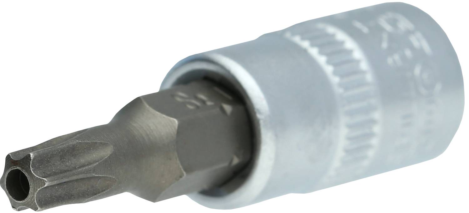 Torx-Bit-Steckschlüssel mit sechszackigem Kopf, geeignet für Schrauben mit Torx-Antrieb, vor weißem Hintergrund.