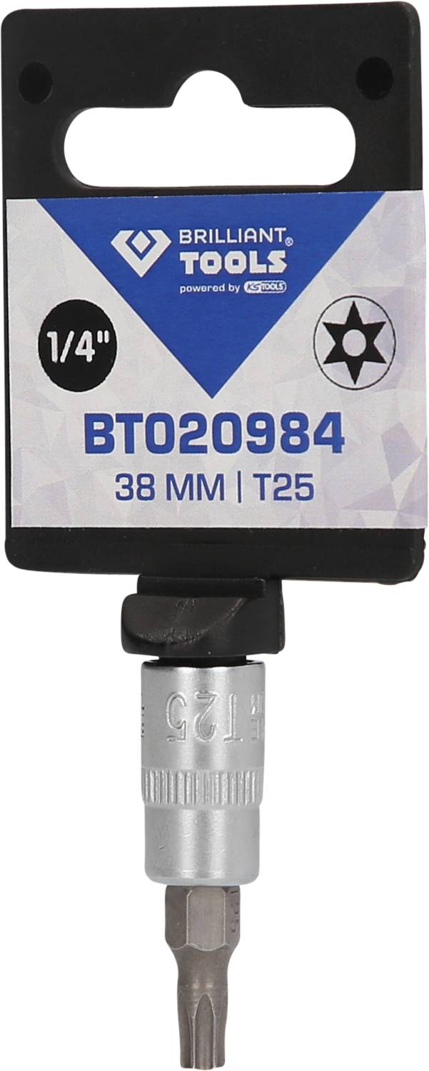 'Brilliant Tools' Steckschlüssel-Bit, 1/4 Zoll, T25, 38 mm, Artikelnummer BT020984. Verpackung mit schwarzem Halterungsteil.