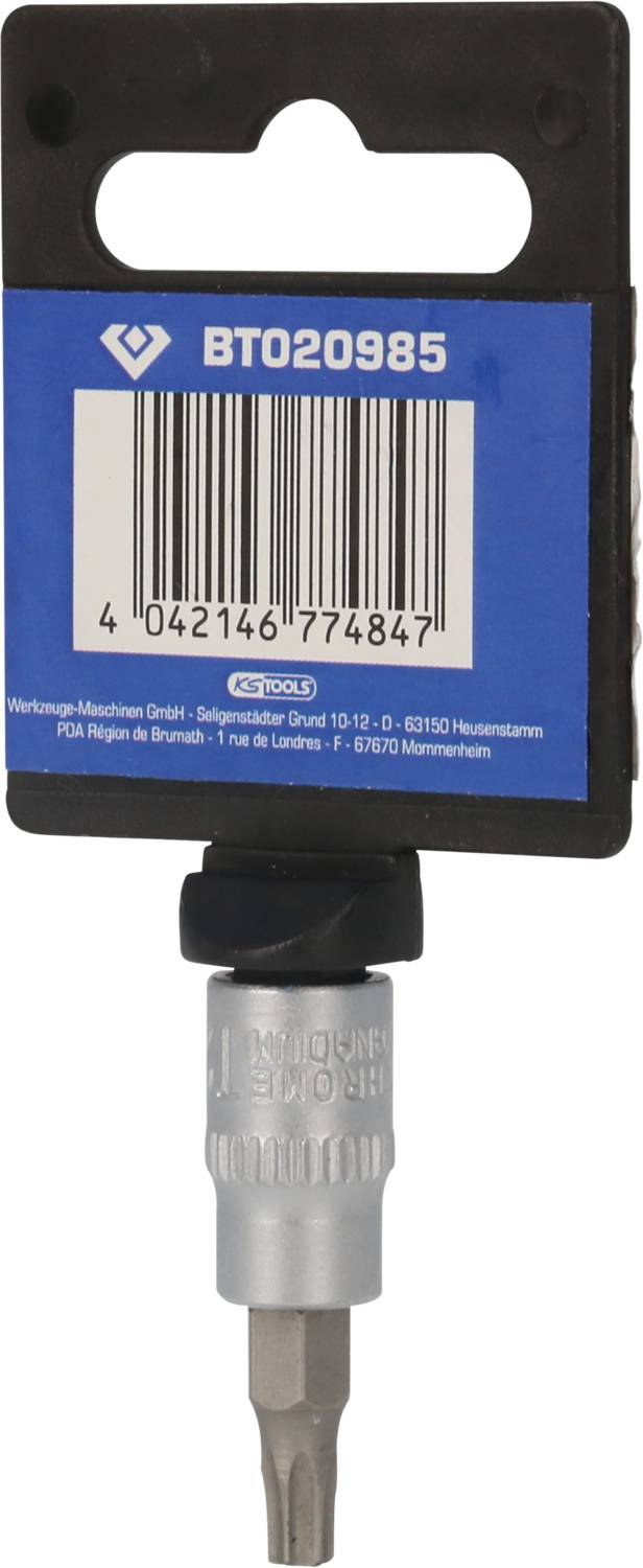 Ein Schraubendreher-Bit mit Aufhänger, Produktcode 'BTO20985', auf blauem Hintergrund mit Barcode. Ideal für Heimwerkerbedarf.