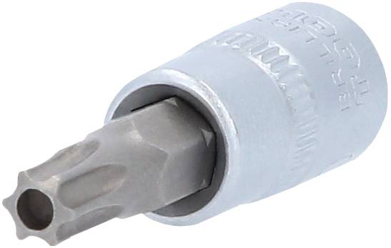 Ein silberner Torx-Bit-Aufsatz, der für das Anziehen oder Lösen von Torx-Schrauben verwendet wird, liegt auf einem neutralen Hintergrund.