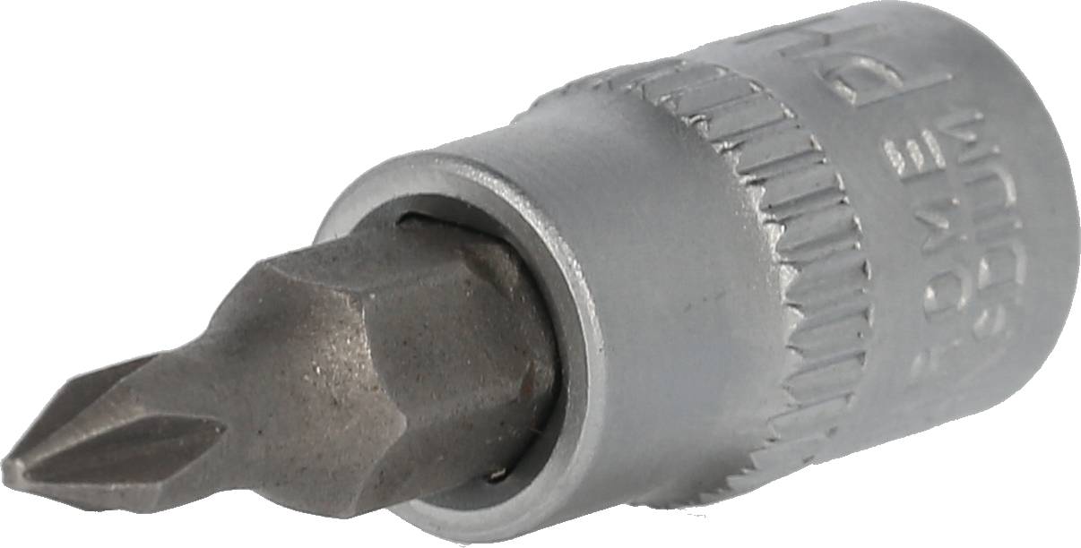 Ein silberfarbenes Schraubendrehereinsatz-Bit mit Kreuzschlitzspitze, aus Metall, zur Verwendung mit einem Hand- oder Elektrowerkzeug.