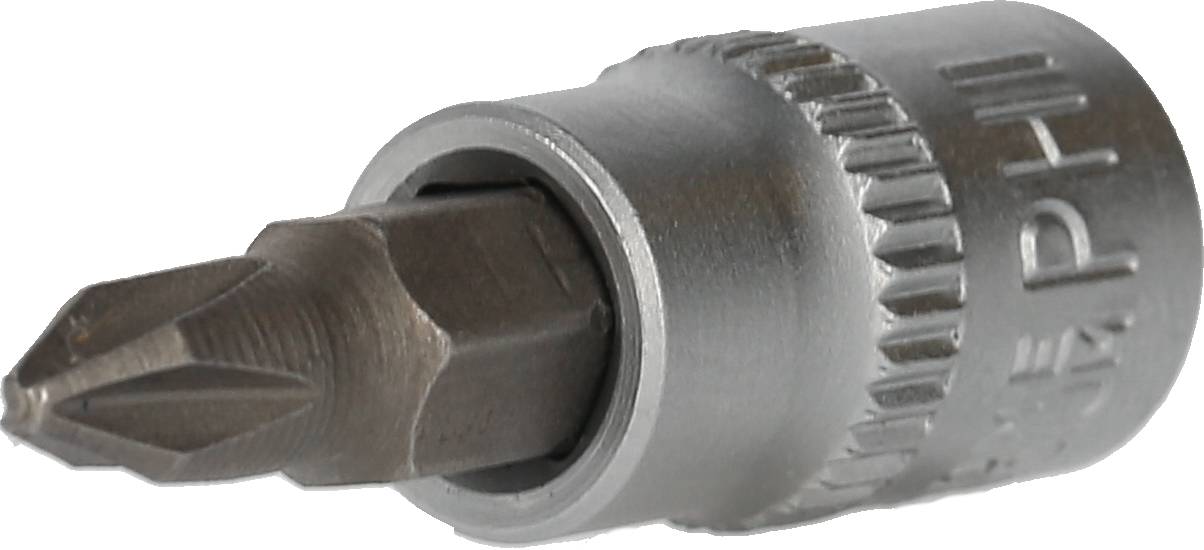 Kreuzschlitz-Bitsatz, Nahaufnahme, mit silbernem Metallschaft und gehärteter Spitze, geeignet für Schraubendreher oder Bohrmaschinen.