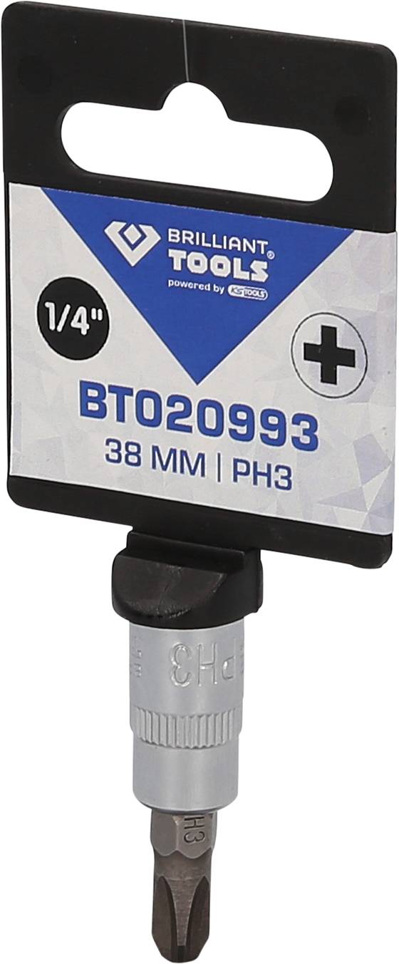 Schraubendrehereinsatz BT020993 38 mm PH3 von Brilliant Tools, geeignet für Kreuzschlitzschrauben mit 1/4 Zoll Sechskantantrieb.