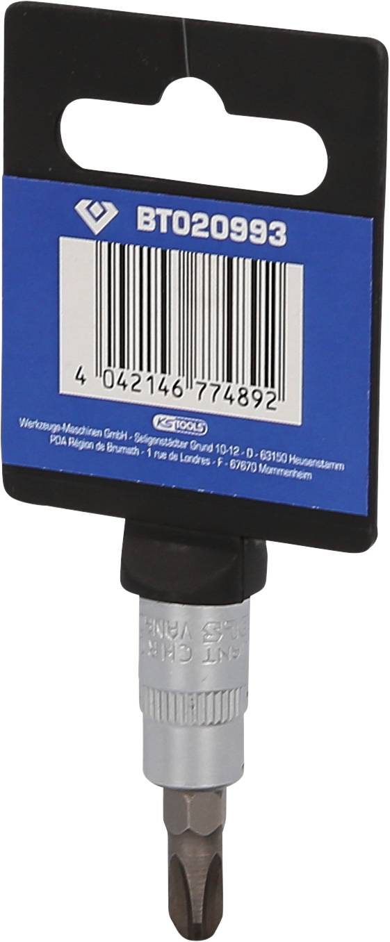 Ein Bithalter mit Verpackungsetikett. Das Etikett zeigt einen Barcode und die Modellnummer 'BT020993'.