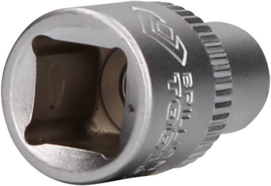 Metallener Steckschlüsseleinsatz mit quadratischer Öffnung und geriffeltem Rand, verwendet zum Anziehen von Schrauben oder Muttern.