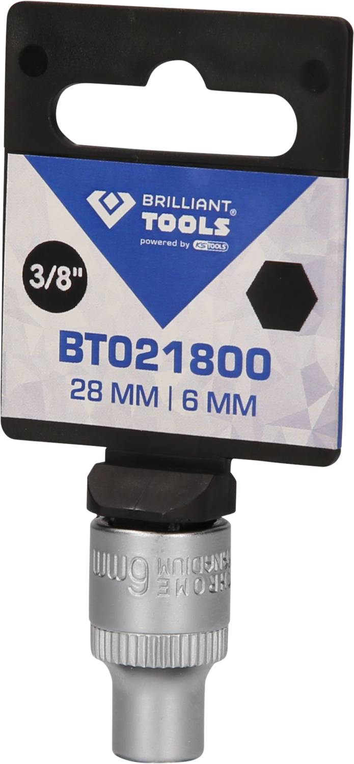'Brilliant Tools' Steckbit-Satz, Schlüsselweite 28 mm, Innensechskant 6 mm, Antrieb 3/8 Zoll, Produktverpackung mit Logo.