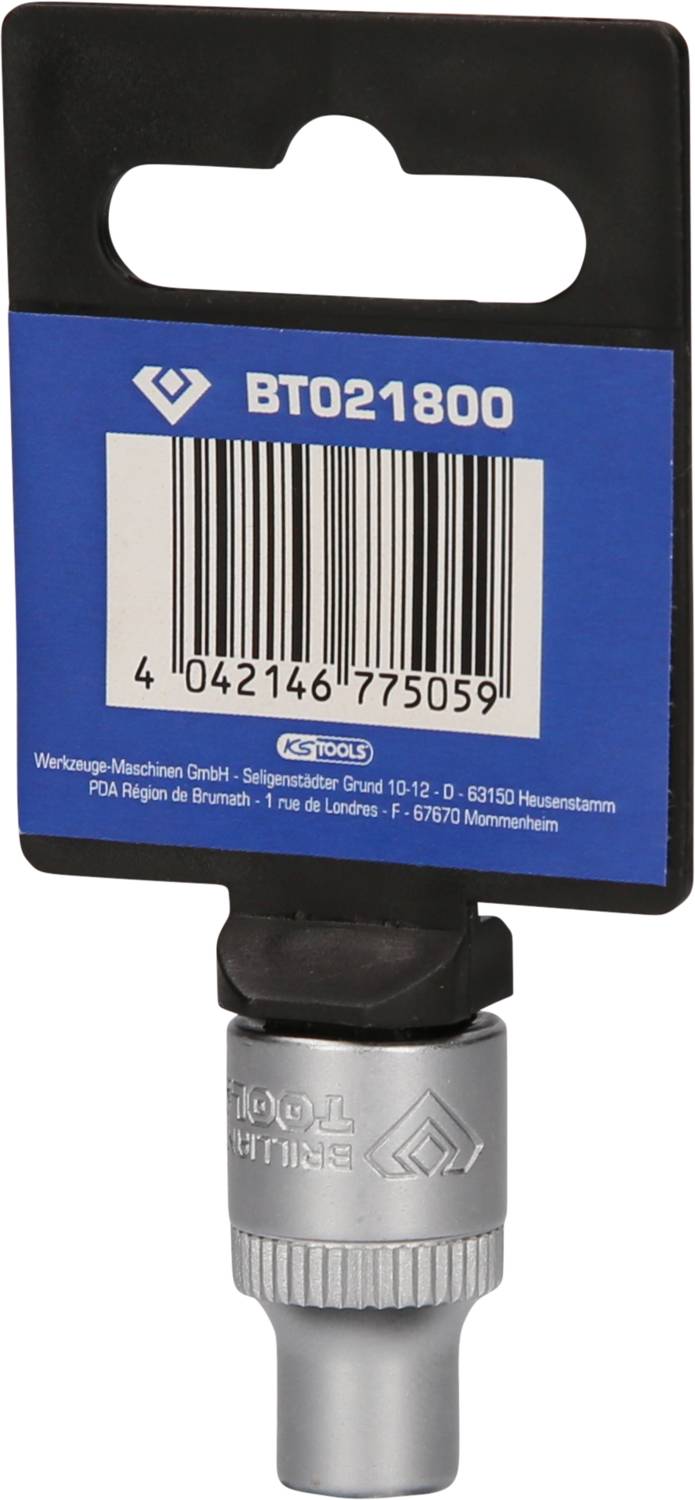 'BT021800' Stecknuss auf blauem Pappträger mit Barcode und Werkzeugmaschinen-Hinweisen.