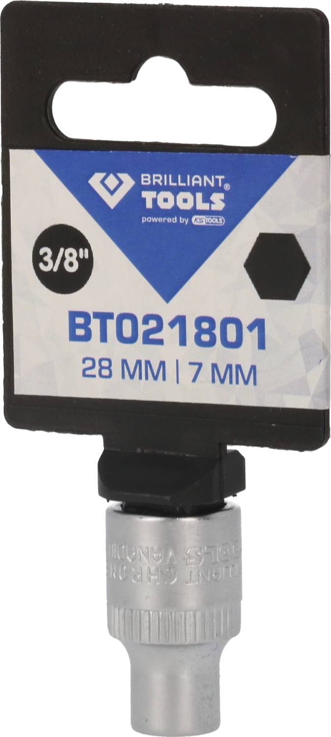 'Brilliant Tools' Steckschlüssel mit 3/8-Zoll Aufnahme, Artikelnummer BT021801, Größe 28 mm und 7 mm. Verpackungsdesign sichtbar.