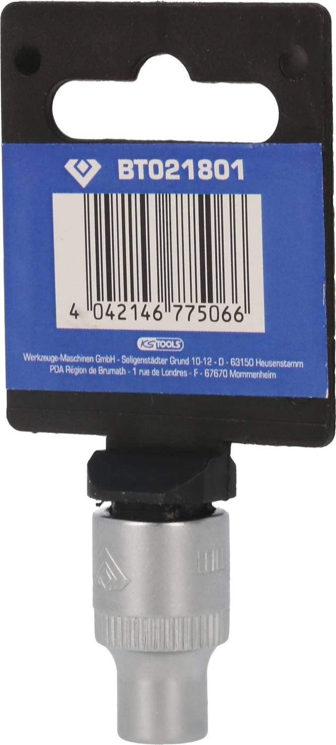 Ein silberner Schrauben-Aufsatz in einer Verpackung mit blauem Etikett, zeigt die Modellnummer 'BT021801' und einen Barcode.