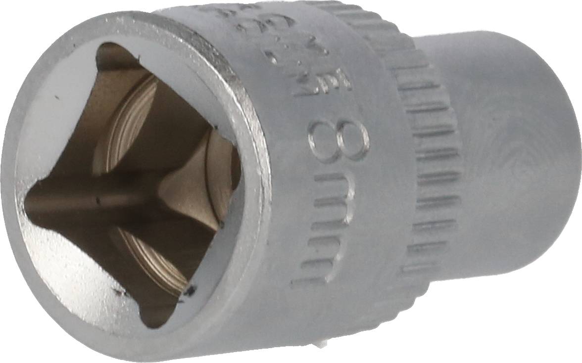 Ein silberner Steckschlüssel mit der Prägung '8 mm', geeignet für Schrauben oder Muttern der Größe 8 mm.