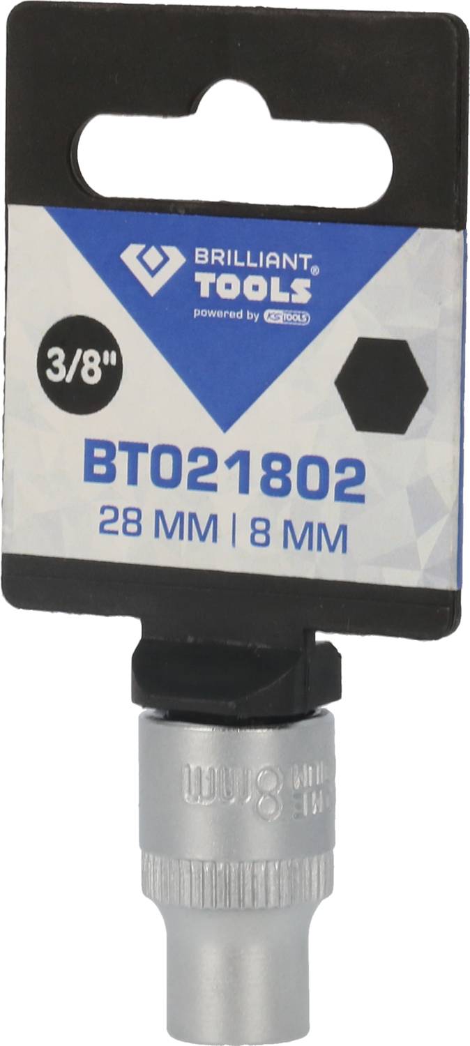 'Brilliant Tools' Steckschlüsseleinsatz, 3/8 Zoll Antrieb, Maße 28 mm und 8 mm. Produktverpackung mit Loch zum Aufhängen.