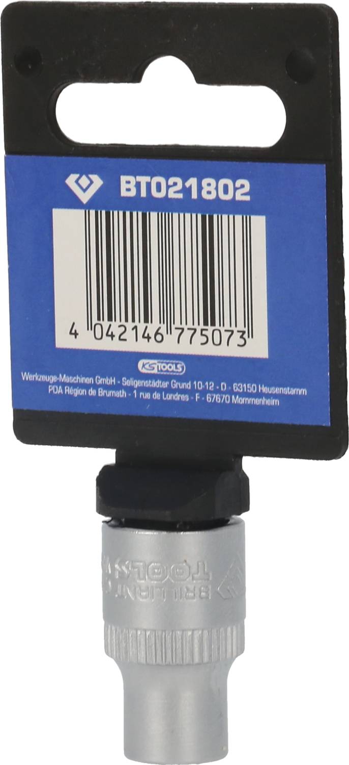 Bild eines Metallwerkzeugs mit blauer Verpackung. Oben steht 'BT021802', darunter ein Barcode und darunter die Firmenadresse.