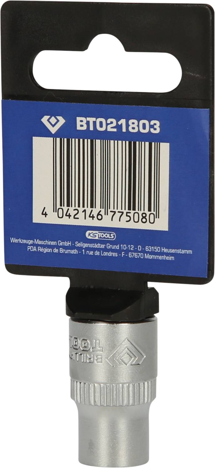 Silverner Aufsatz für Akku-Bohrschrauber an blauem Etikett mit Barcode und Produktnummer BT021803