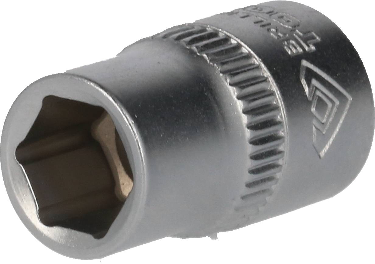 Metallische Stecknuss mit hexagonalem Innenprofil zum Anziehen oder Lösen von Schraubenmuttern.