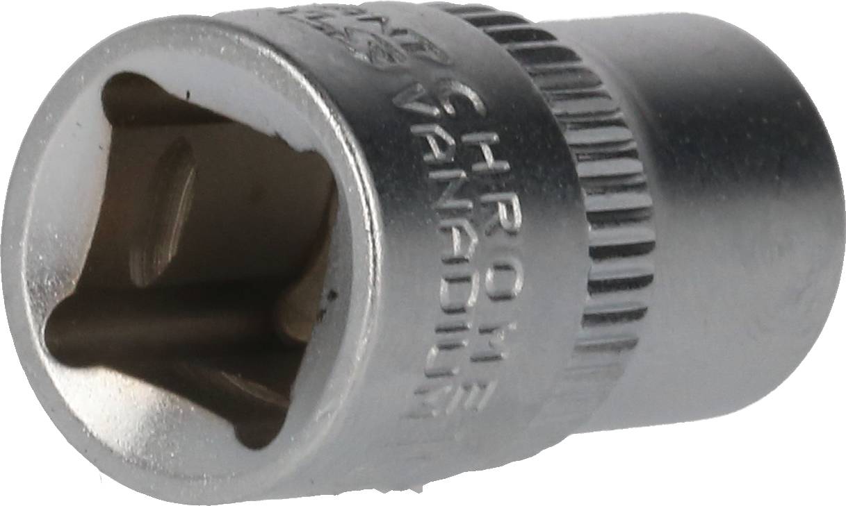 Metallische Stecknuss mit Schriftzug 'Chrome Vanadium', zylinderförmiger Kopf mit runder Öffnung zur Befestigung an einem Schraubenschlüssel.