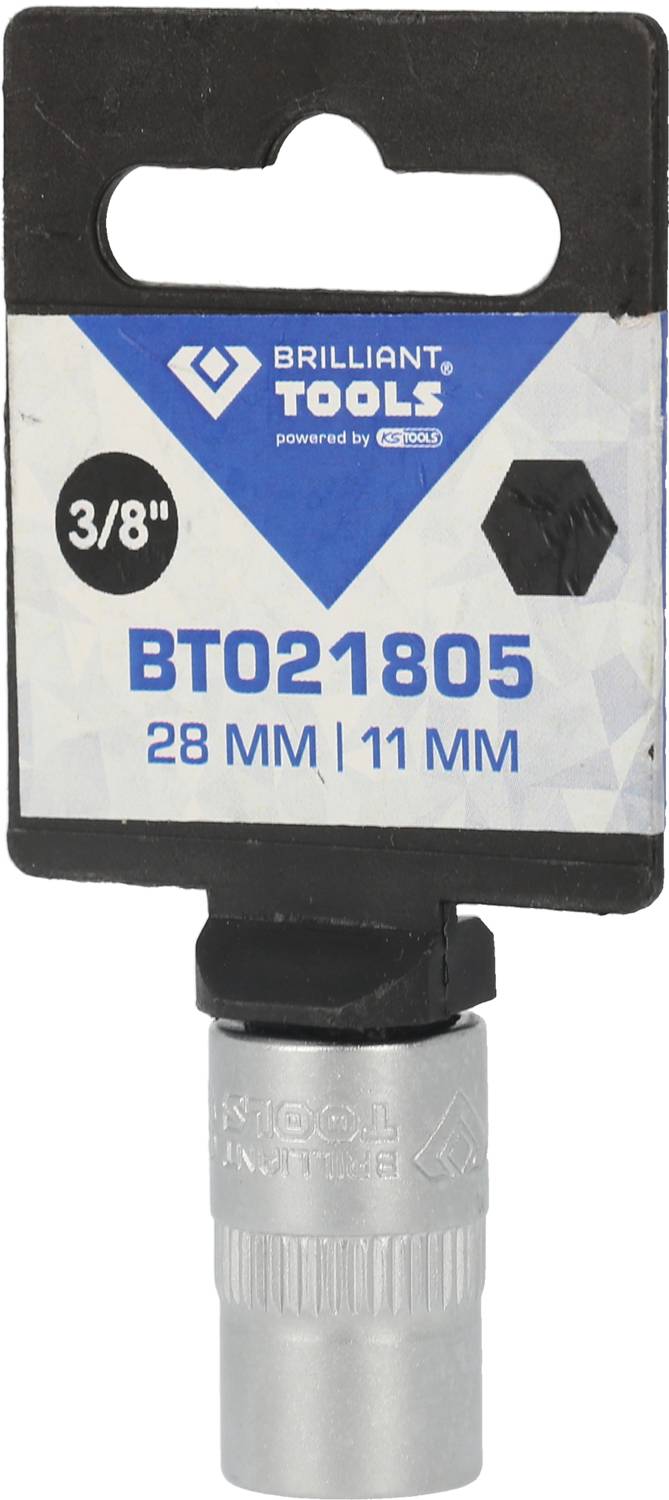 'Brilliant Tools' Stecknuss, 3/8 Zoll, Artikelnummer BT021805, kombiniert 28 mm und 11 mm Größen. Verpackung im Vordergrund gezeigt.
