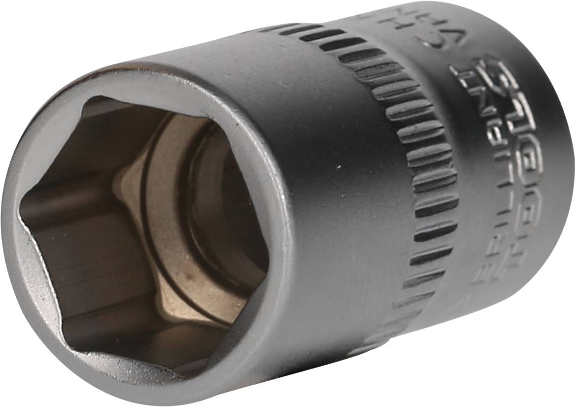 Metall-Stecknuss mit sechseckiger Öffnung, zum Festziehen oder Lösen von Schrauben oder Muttern, auf weißem Hintergrund.