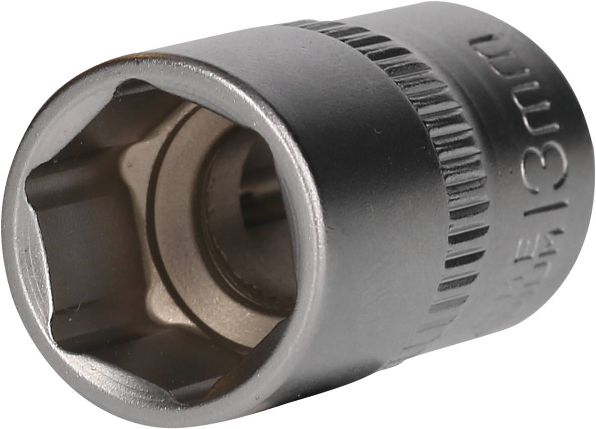 Metall-Stecknuss, sechskantig, mit der Gravur '13 mm' an der Seite. Geeignet für Schraubenschlüssel oder Steckschlüsselsätze.