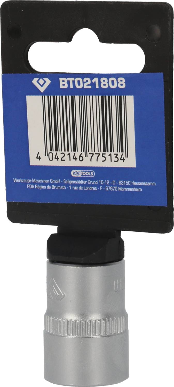 Metallischer Steckschlüssel-Aufsatz an schwarzer Halterung mit blauer Produktetikett und Barcode.