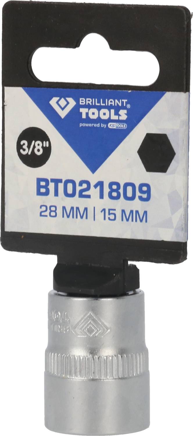 Stecknuss 28 mm x 15 mm, 3/8 Zoll, von Brilliant Tools, in einer Verpackung mit schwarzer Halterung und blauem Logo.