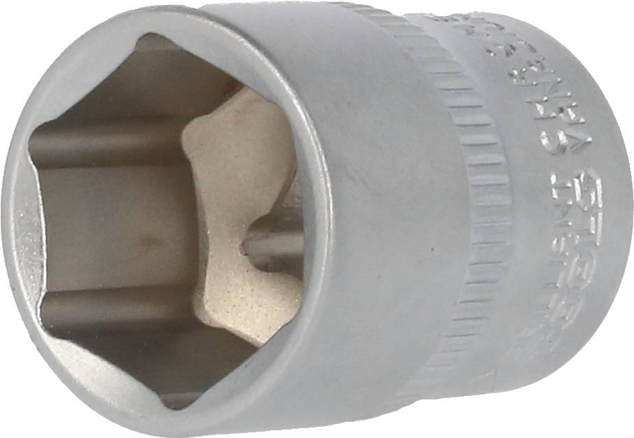 Silberne Stecknuss mit sechseckiger Öffnung, verwendet für Schraubenschlüssel zur Befestigung von Sechskantschrauben und Muttern.