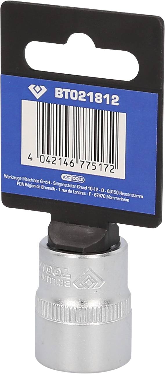 Silverne Sechskant-Nuss mit blauem Etikett, Produktcode BT021812. Gedacht für den Einsatz mit einer Ratsche oder einem Schraubenschlüssel.