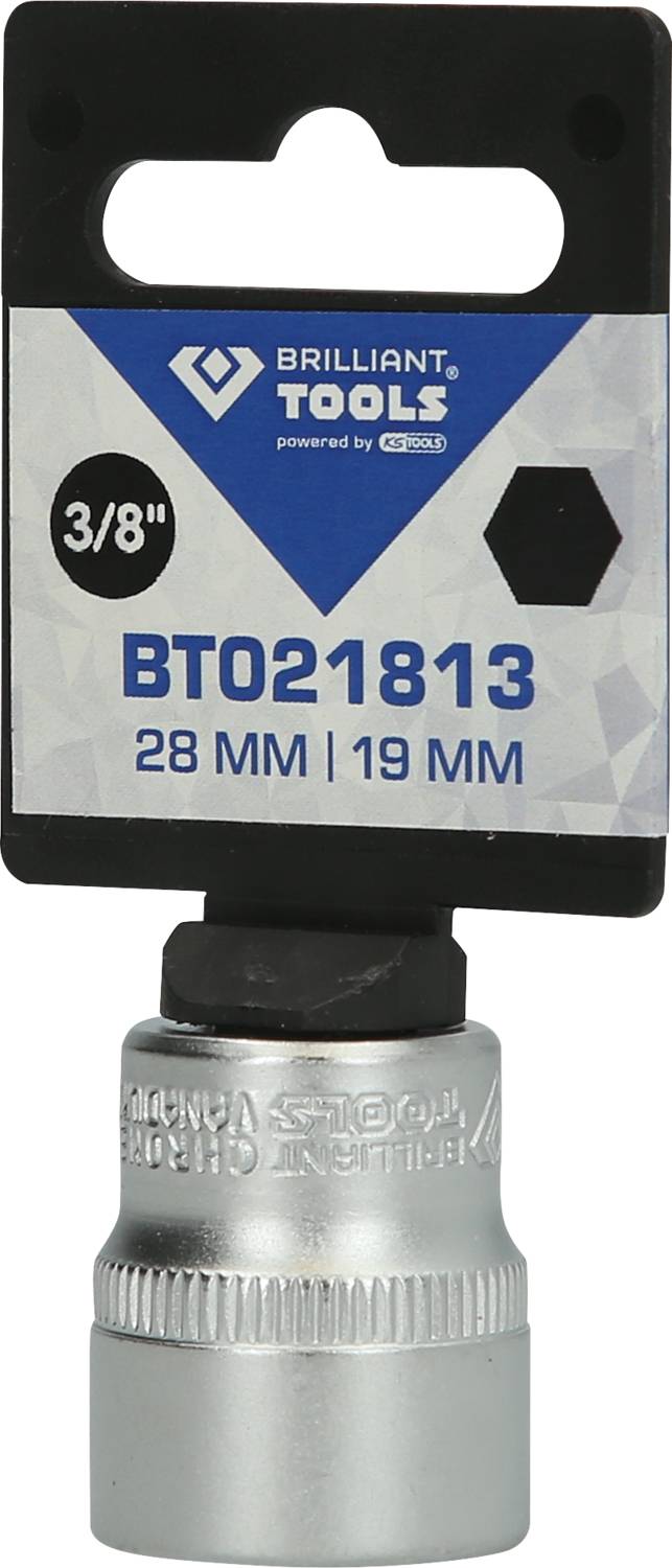 'Steckschlüssel BT021813, 28 mm/19 mm, 3/8 Zoll, von Brilliant Tools.' Schwarze Grundplatte mit geometrischem Muster.