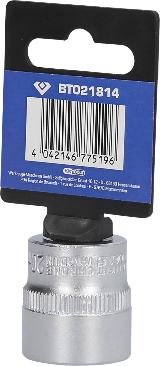 Steckschlüssel mit Produkt- und Barcode-Etikett 'BTO21814' oben, markiert mit Herstellerinformationen und Seriennummer.