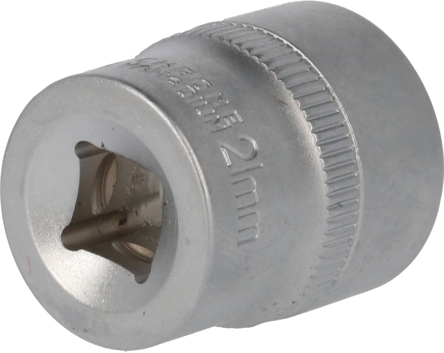 Ein silberner Steckschlüssel-Einsatz mit der Gravur '21mm'.