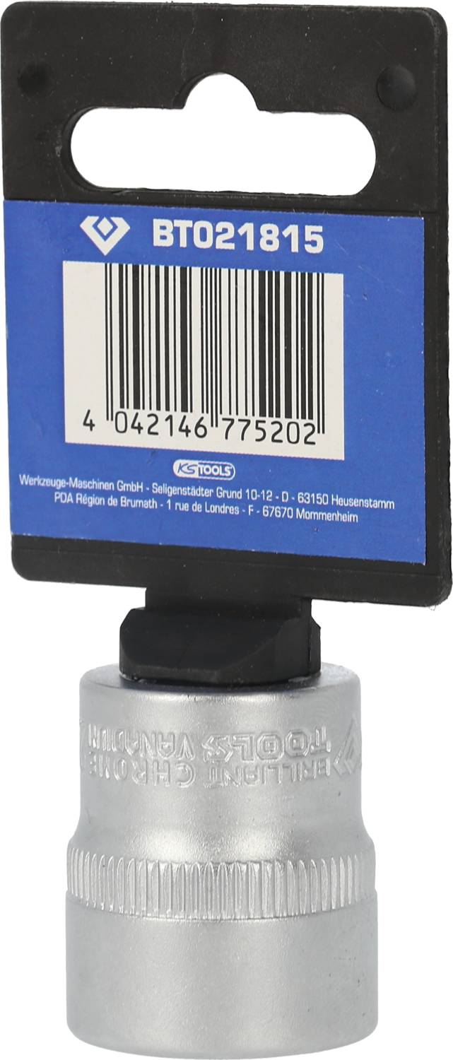 Steckschlüssel Einsatz aus Metall mit einem blauen Etikett, das einen Barcode und die Nummer 'BT021815' zeigt.